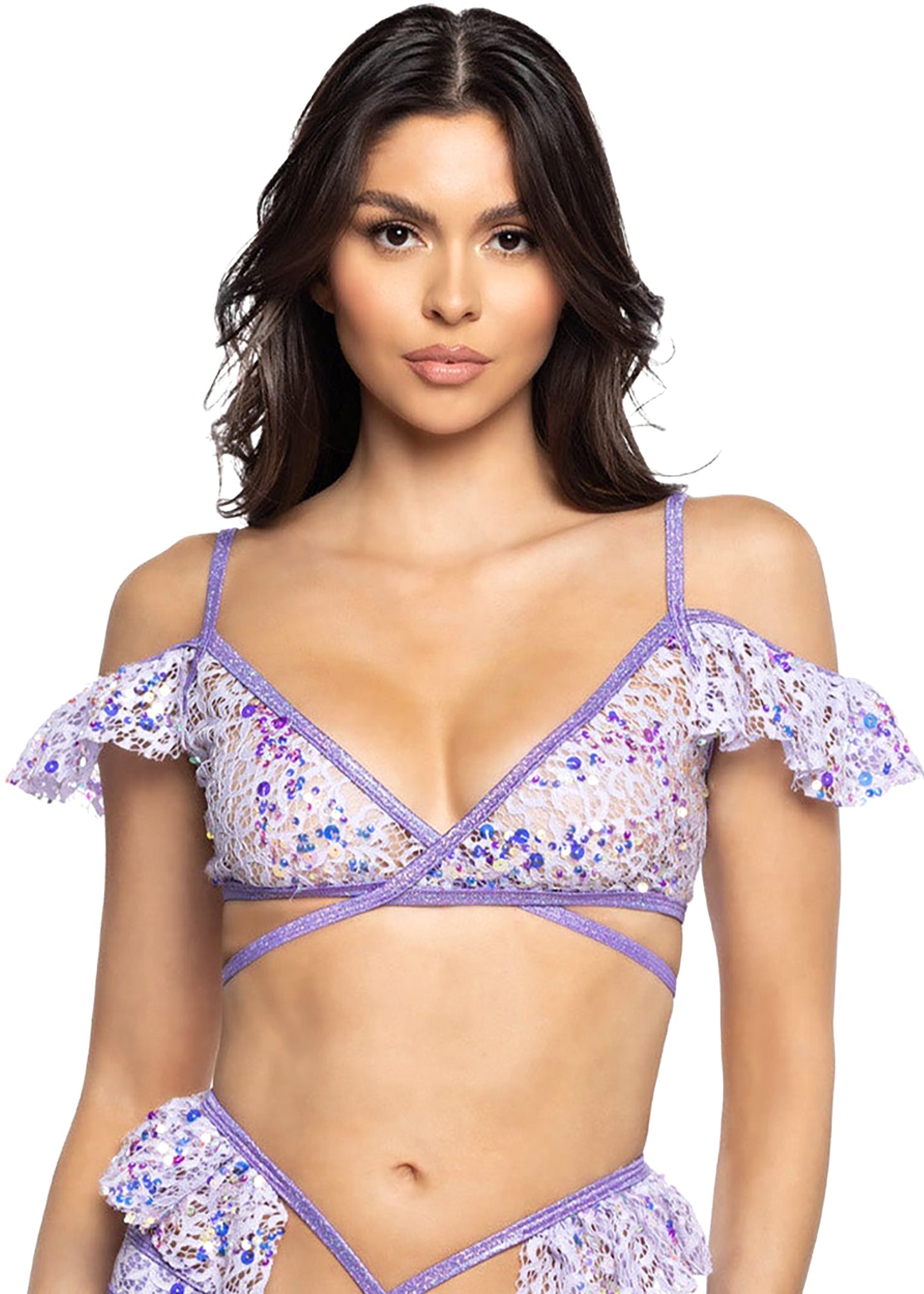  Fairy Tale Story Sequin Lace Ruffle Wrap Top