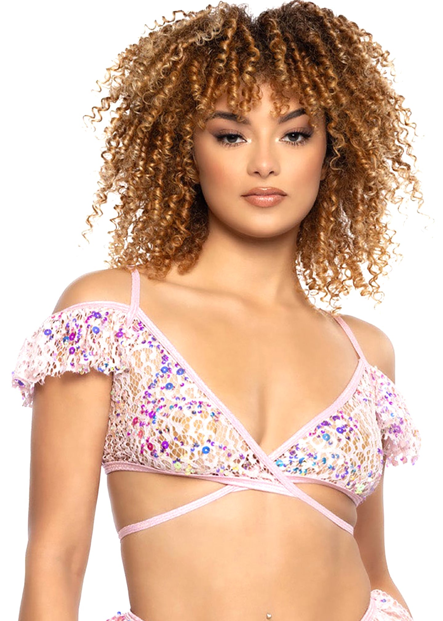  Love Story Sequin Lace Ruffle Wrap Top