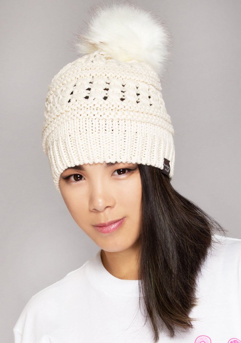  Pom Knit Beanie In Ivory