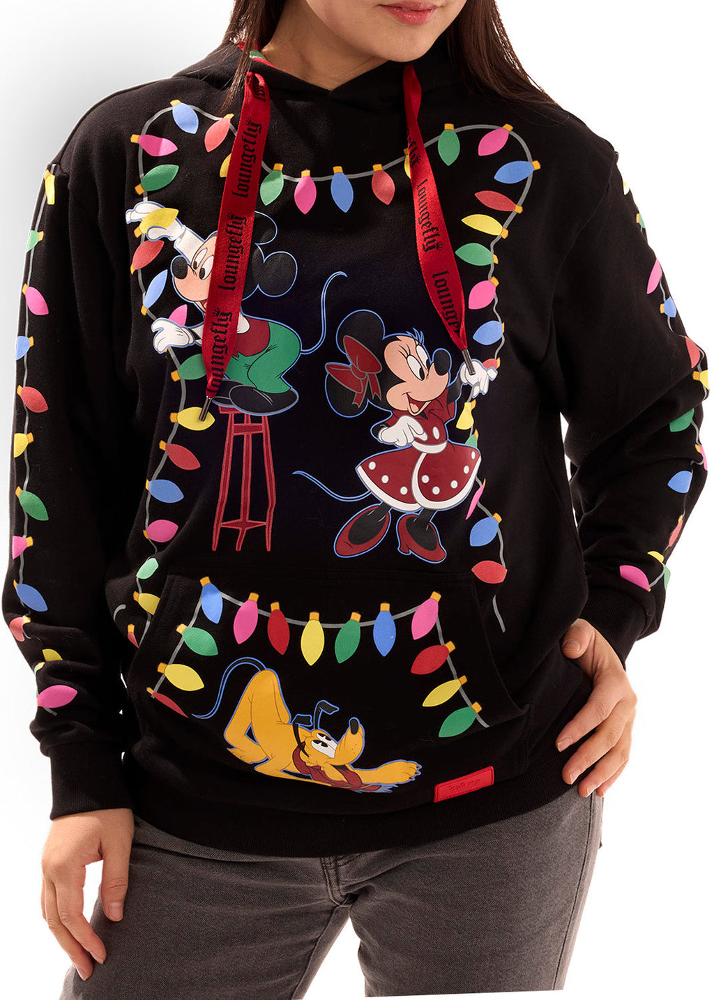 LOUNGEFLY Disney Mickey & Friends Holiday String Lights Glow Unisex Hoodie