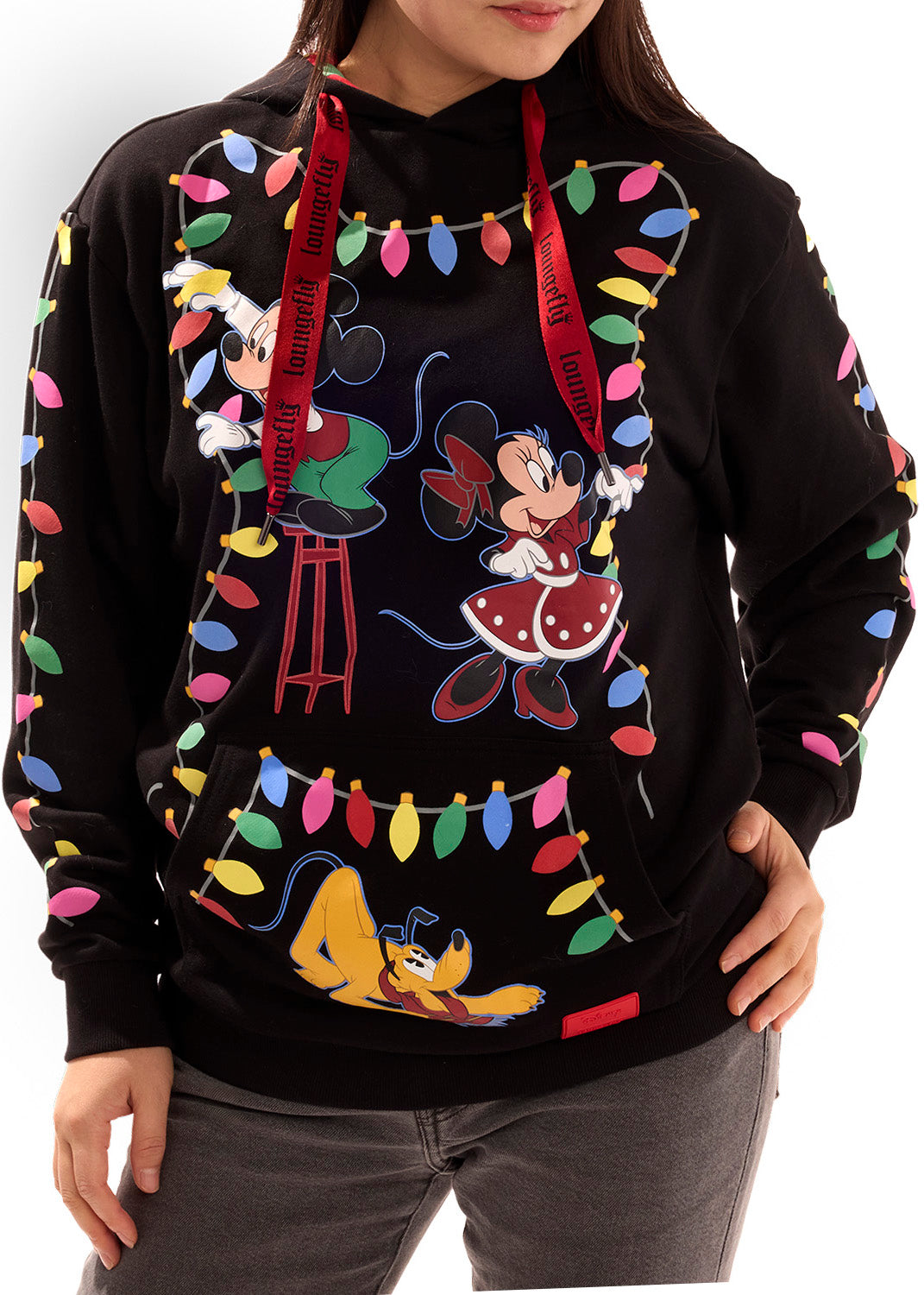 LOUNGEFLY Disney Mickey & Friends Holiday String Lights Glow Unisex Hoodie