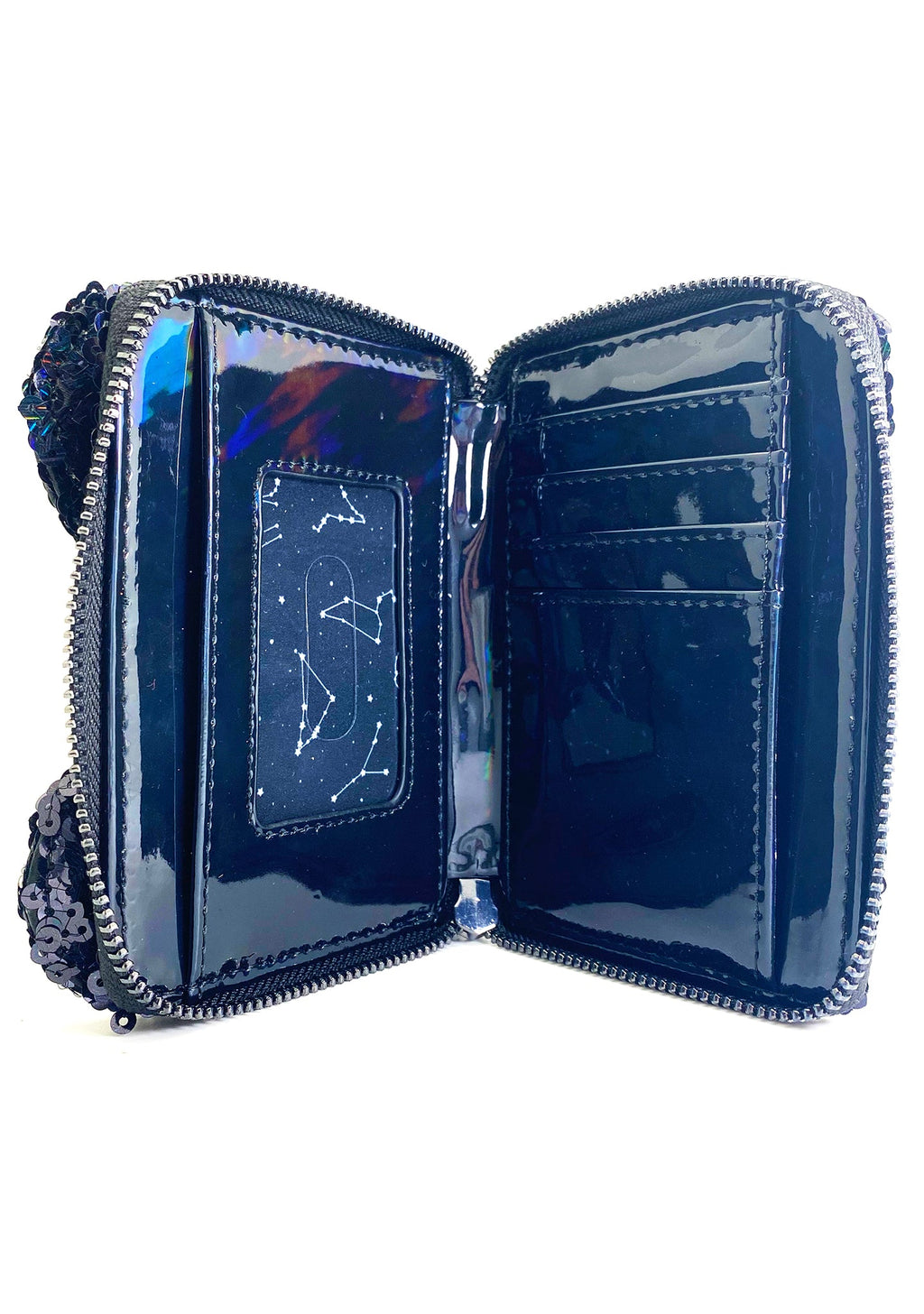 LOUNGEFLY X LASR Exclusive Disney Celestial Dreams Black Holographic Sequin Minnie Zip Wallet