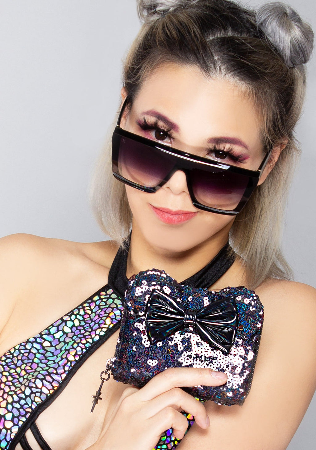 LOUNGEFLY X LASR Exclusive Disney Celestial Dreams Black Holographic Sequin Minnie Zip Wallet