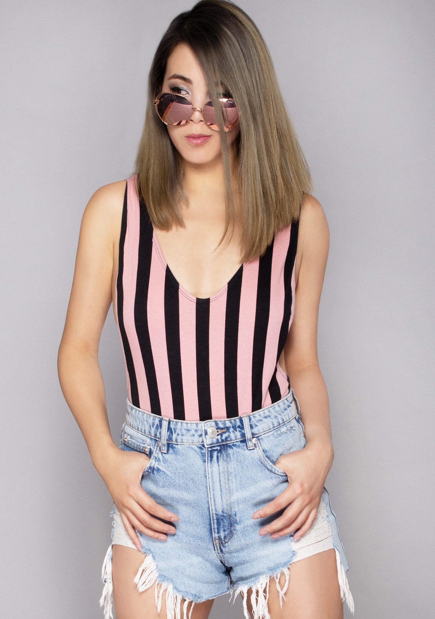  Lalung Lycra Stripe Bodysuit In Pink/Black