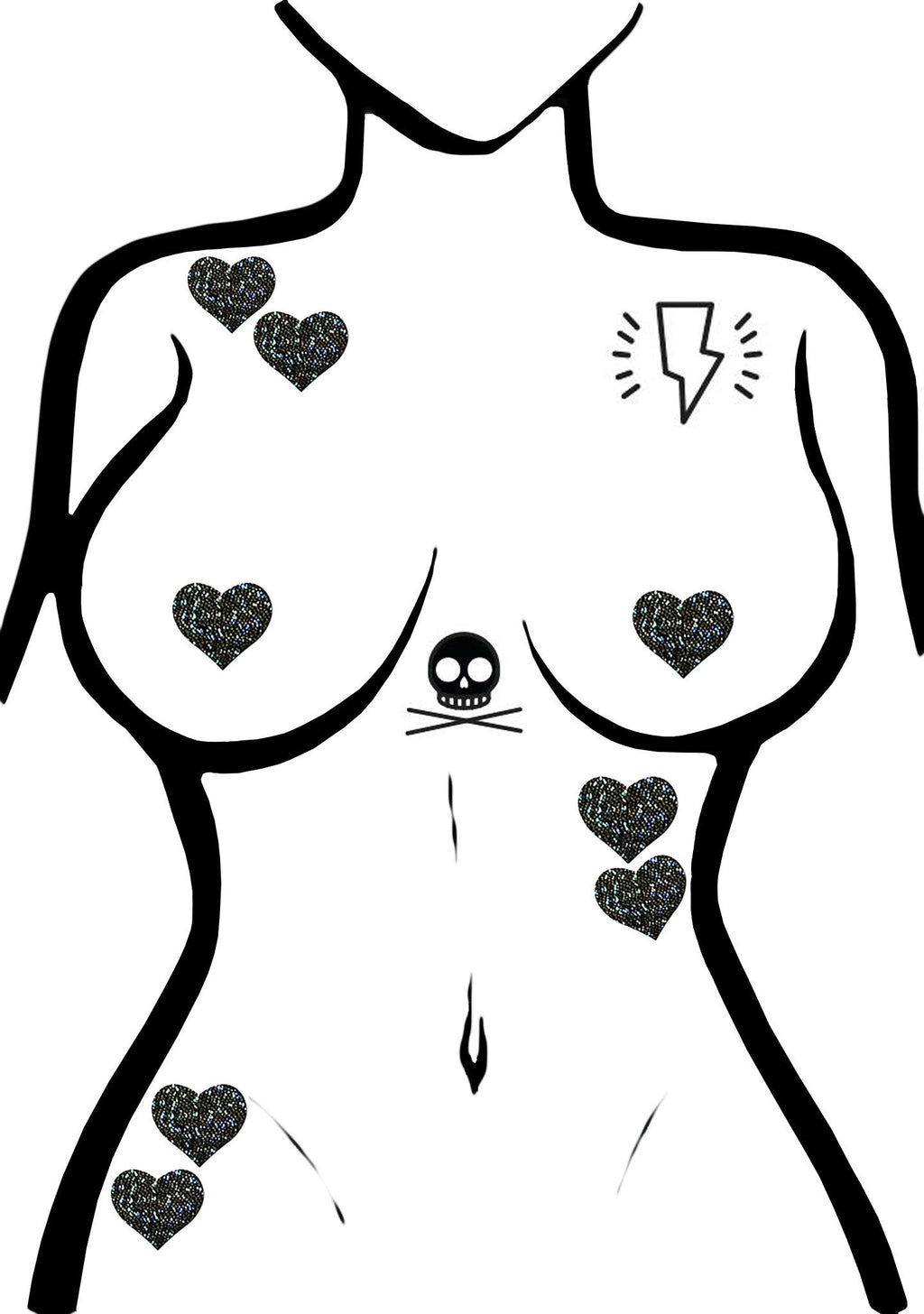  Body Minis Black Glitter Heart Nipple & Body Pasties 8PK Set