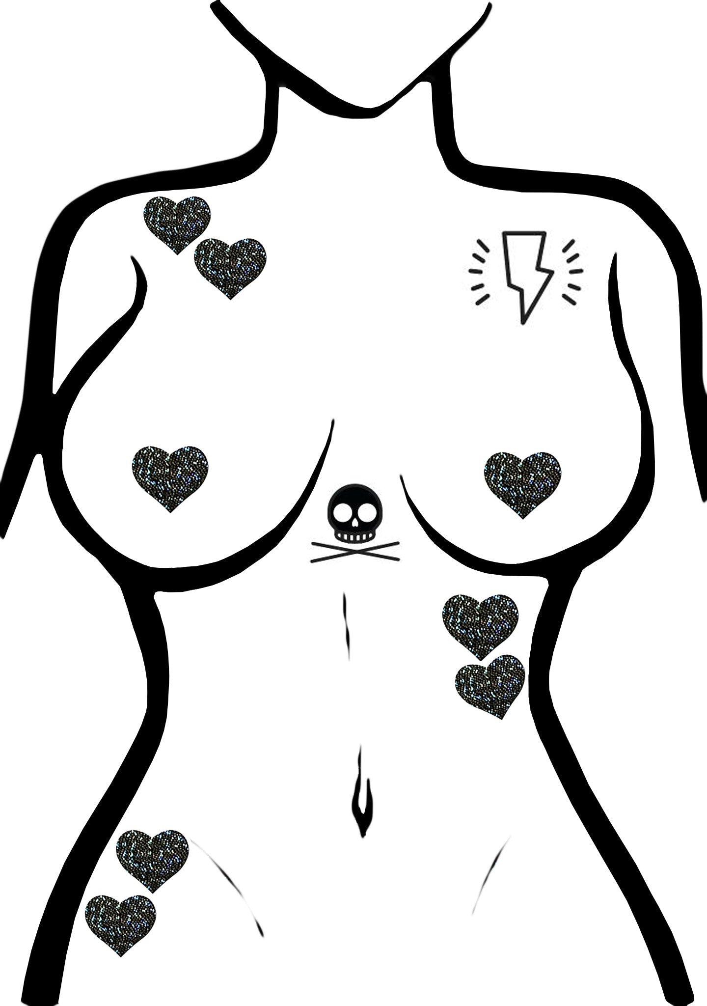  Body Minis Black Glitter Heart Nipple & Body Pasties 8PK Set