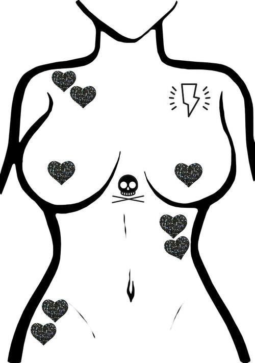  Body Minis Black Glitter Heart Nipple & Body Pasties 8PK Set
