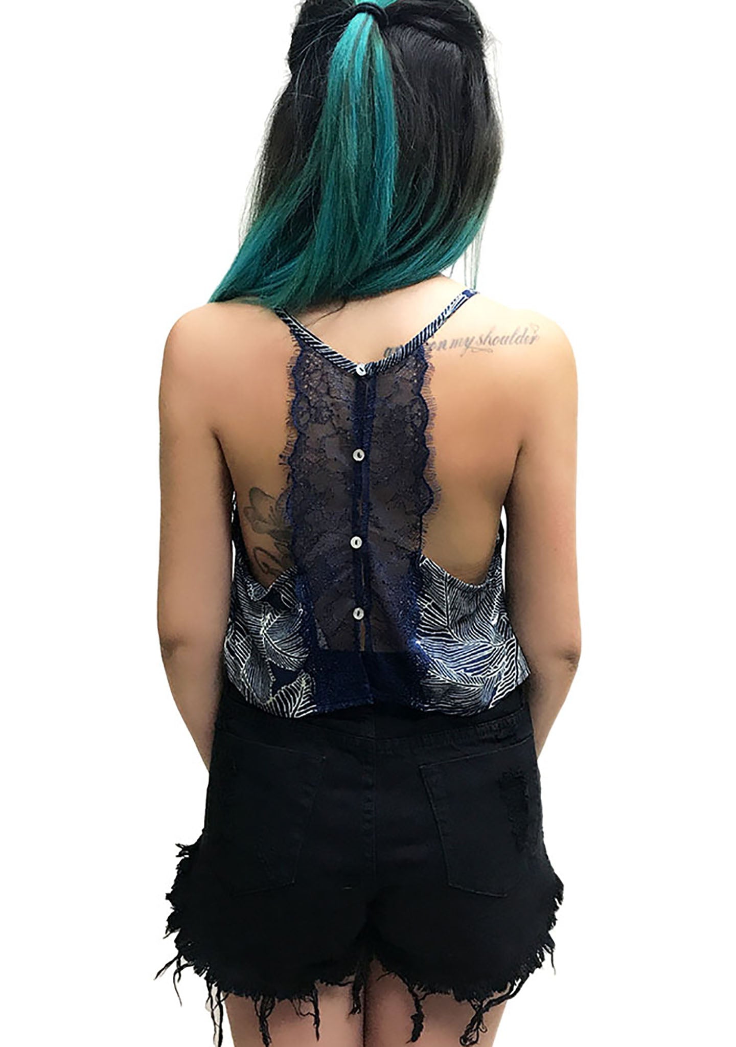 Uniq Floral Lace Crop Tank Top In Navy